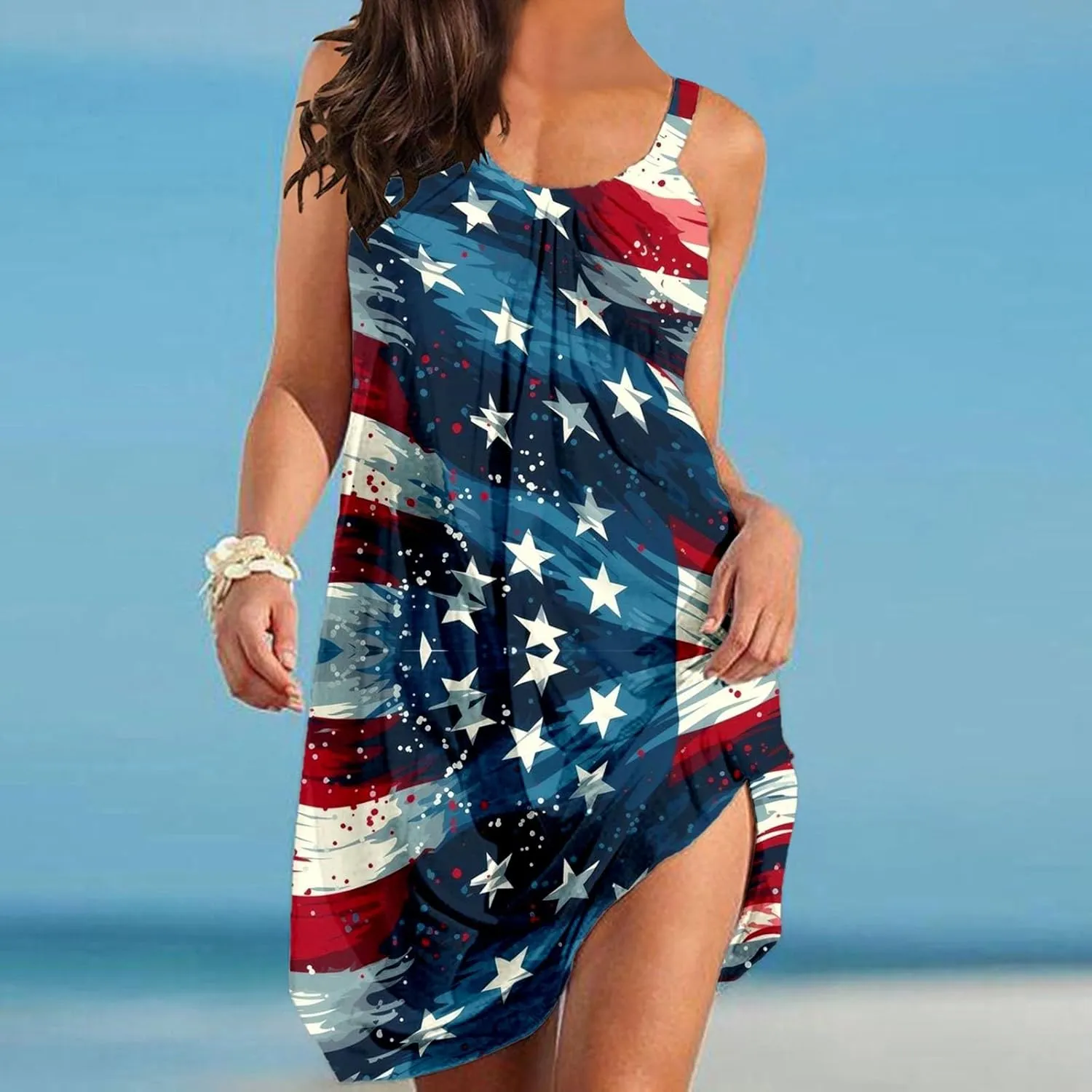 American Flag Dress for Women 4th of July Outfits Patriotic Strapless Independence Day Printed Dress Boho Summer Beach