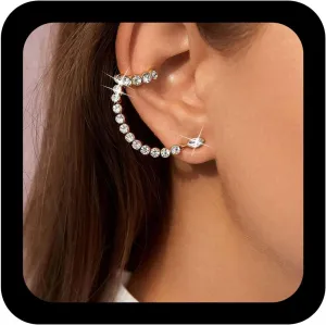 Andelaisi Boho Crystal Ear Climber Earrings Vintage Rhinestone Crawler Earrings Crystal Chain Crawler Cuff Earrings Shiny Cz Wrap Cuff Earrings Rhinestone Earrings Bridal Crystal Earrings for Women