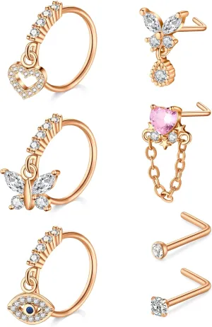 Anicina 20g 22g Nose Rings Studs Surgical Stainless Steel Nose Rings Hoops L Bone Screw Shape Nostril Nose Piercing Jewelry Heart Flower Moon Snake Butterfly Hypoallergenic Nose Screw for Women Men
