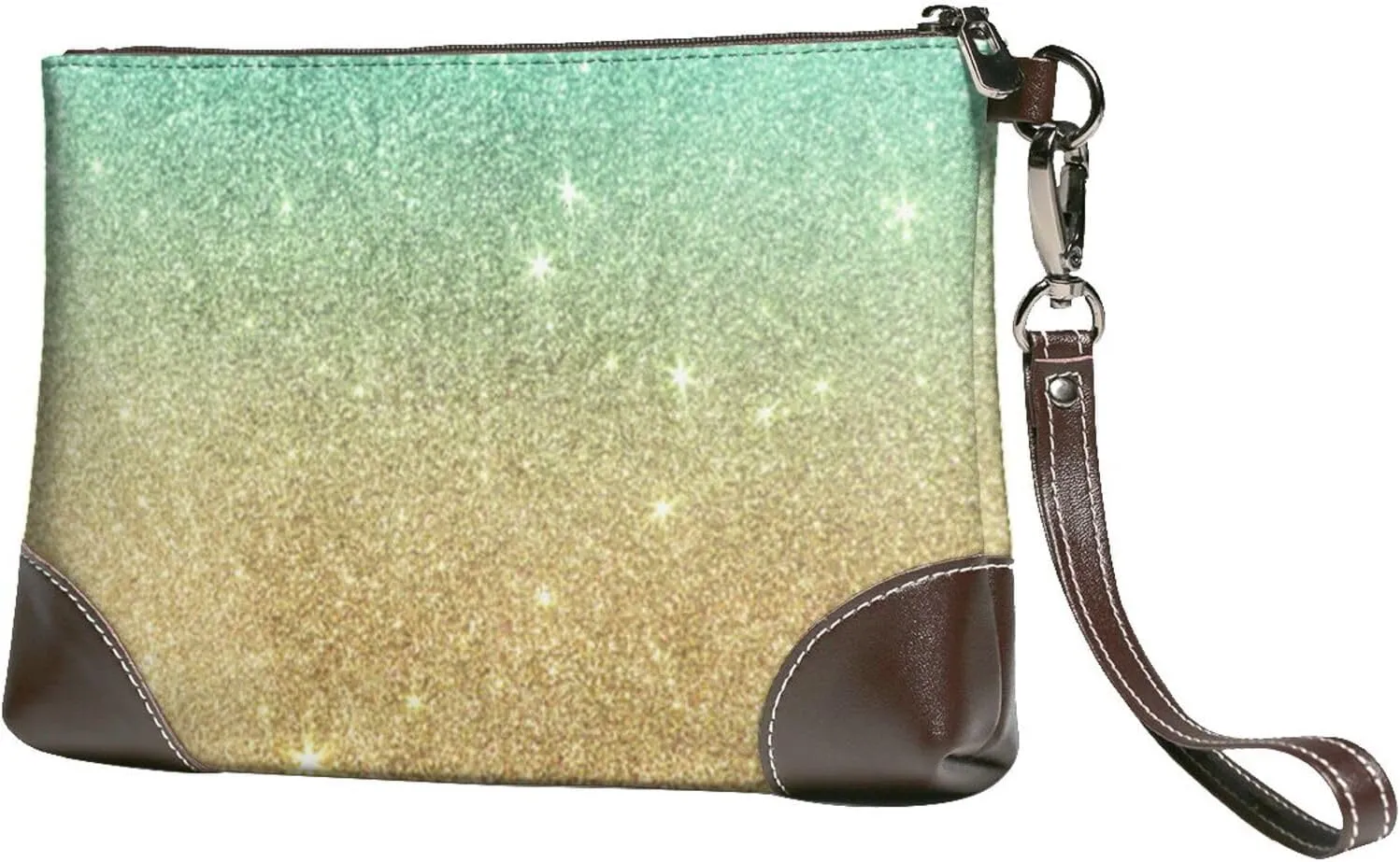 Aqua Teal Abstract Gold Glitter Women Leather Clutch Bag Wristlet Handbags Purses Evening Bag Clutch Purse