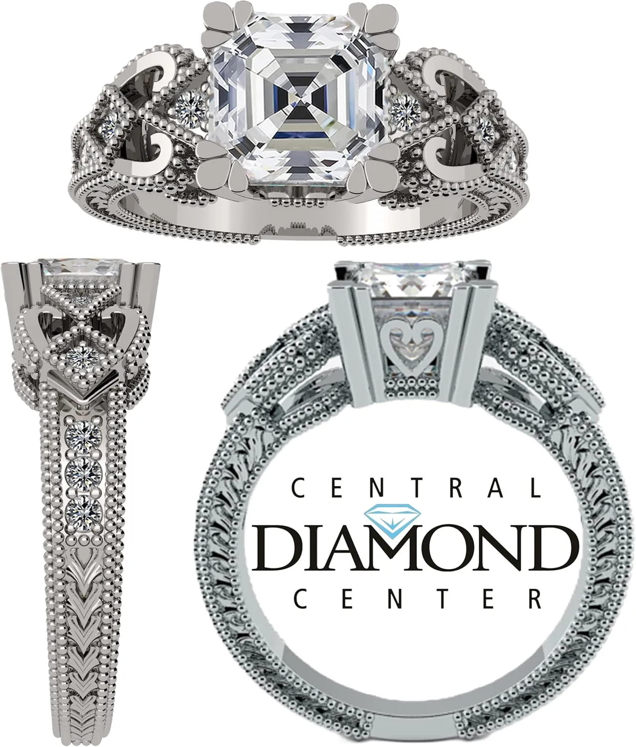 Asscher Cut Engagement Ring Pure Brilliance Zirconia, Vintage & Antique Look, Sterling Silver, 10K or 14K Gold