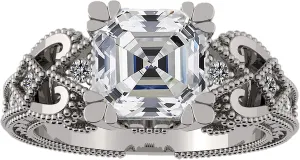 Asscher Cut Engagement Ring Pure Brilliance Zirconia, Vintage & Antique Look, Sterling Silver, 10K or 14K Gold
