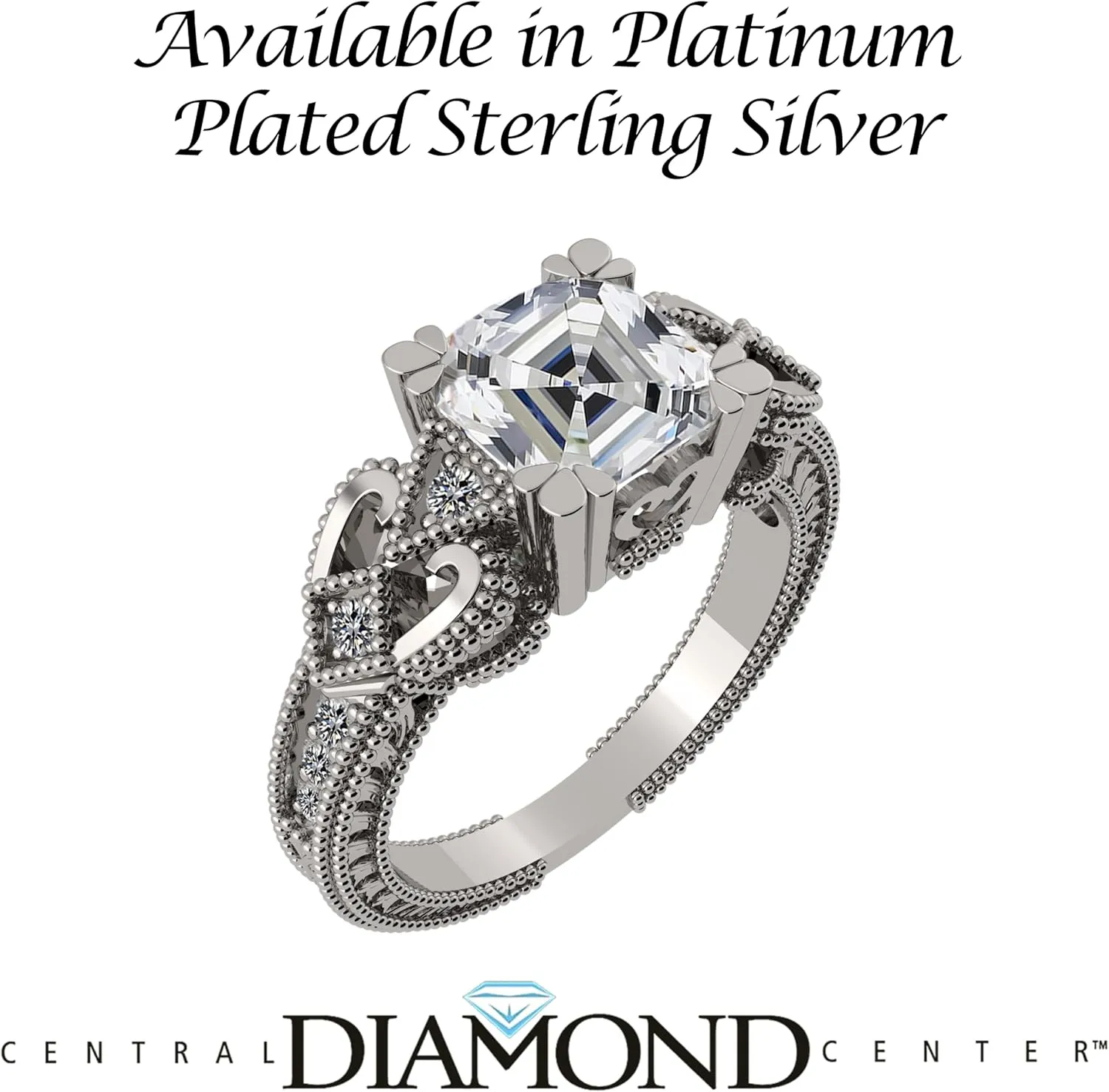Asscher Cut Engagement Ring Pure Brilliance Zirconia, Vintage & Antique Look, Sterling Silver, 10K or 14K Gold