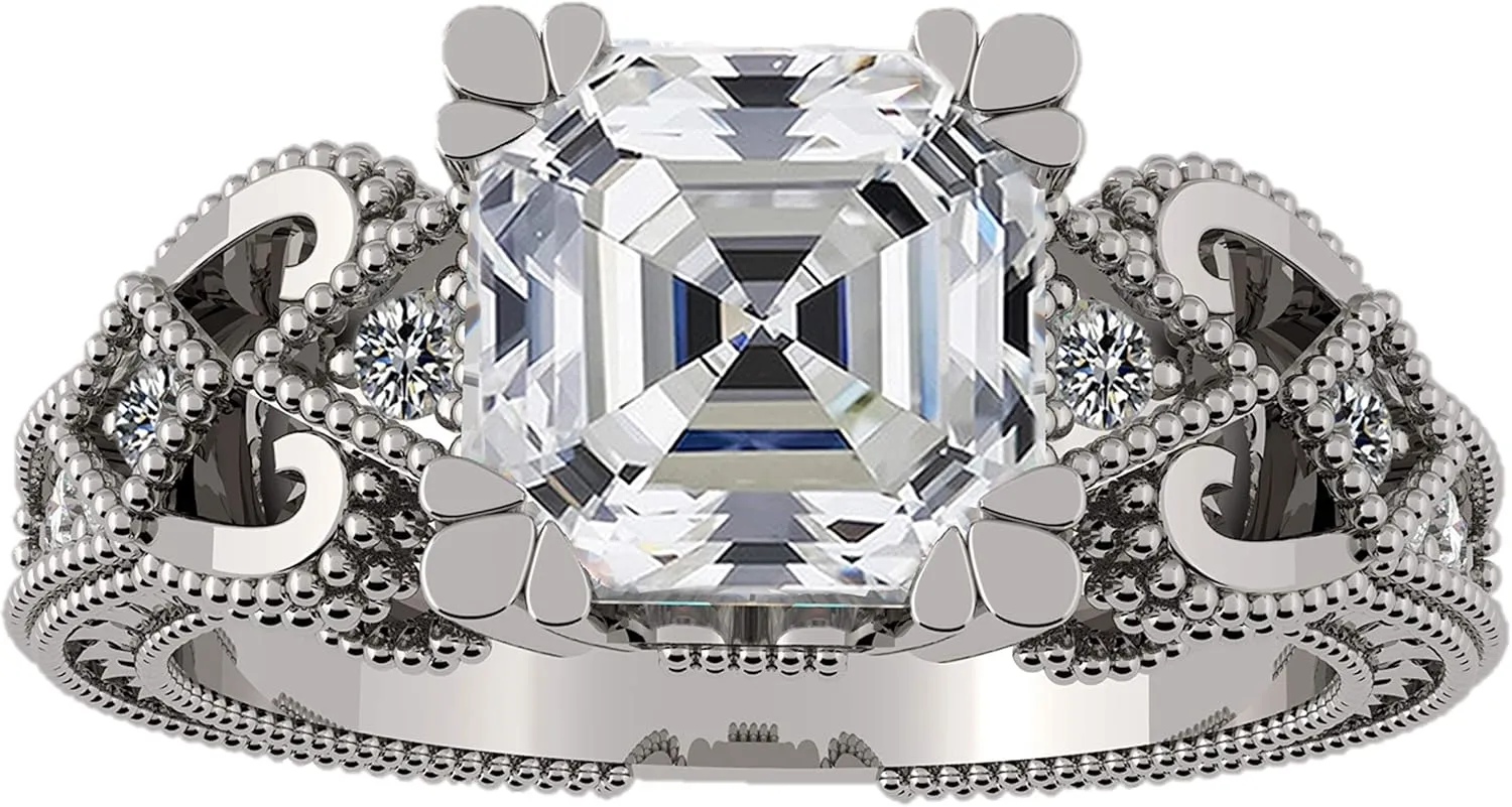 Asscher Cut Engagement Ring Pure Brilliance Zirconia, Vintage & Antique Look, Sterling Silver, 10K or 14K Gold
