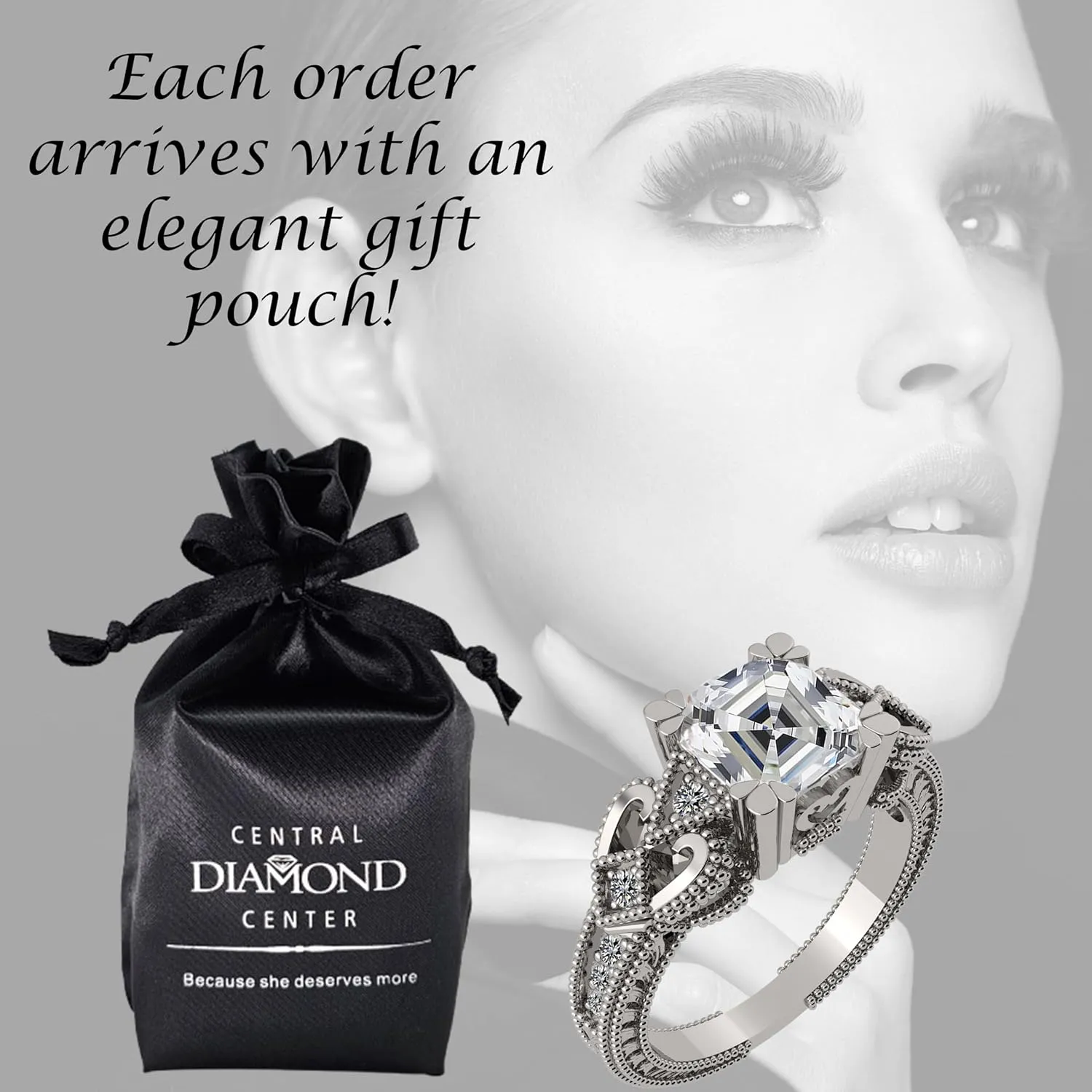 Asscher Cut Engagement Ring Pure Brilliance Zirconia, Vintage & Antique Look, Sterling Silver, 10K or 14K Gold