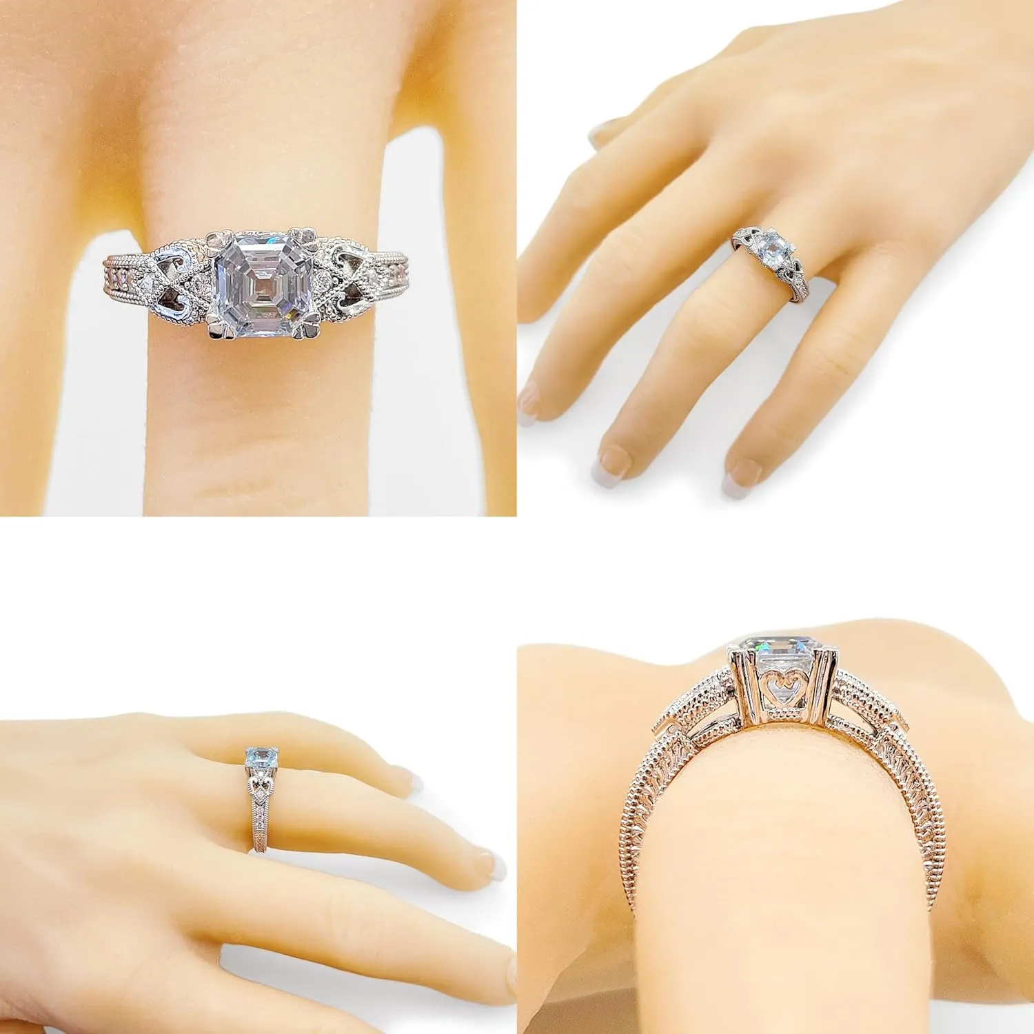 Asscher Cut Engagement Ring Pure Brilliance Zirconia, Vintage & Antique Look, Sterling Silver, 10K or 14K Gold