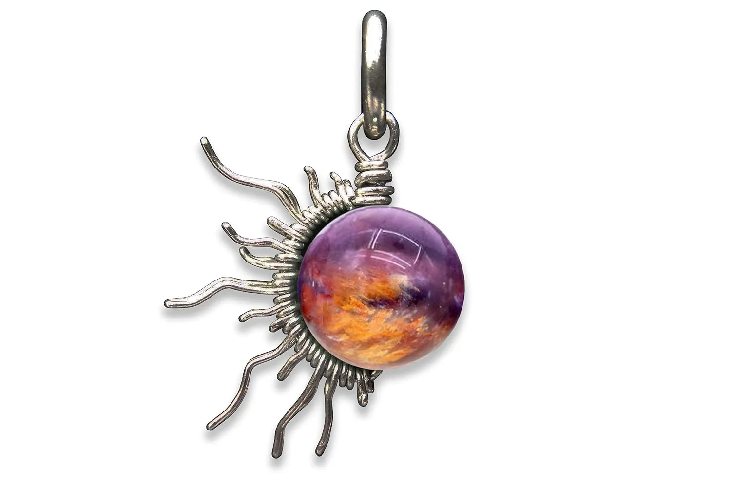 Auralite 23 Amethyst 1/2 Sunburst Wire Pendant- Black Niobium/Silver/Steel/Copper/Bronze/14K Gold, 14K Rose Gold- Pendant or Bracelet Charm - Purple Orange Red Gemstone Jewelry - Eclipse Necklace