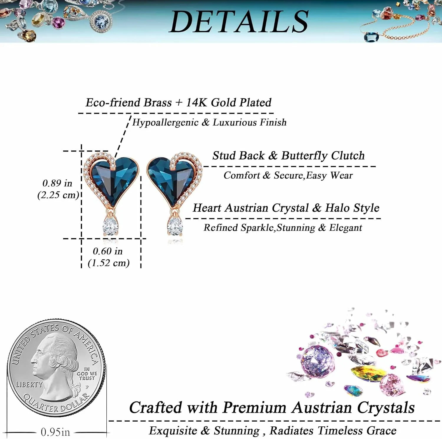 Austrian Crystal Heart Stud Earrings for Women Trendy Halo Drop Earrings 14K Gold Plated Hypoallergenic Jewelry