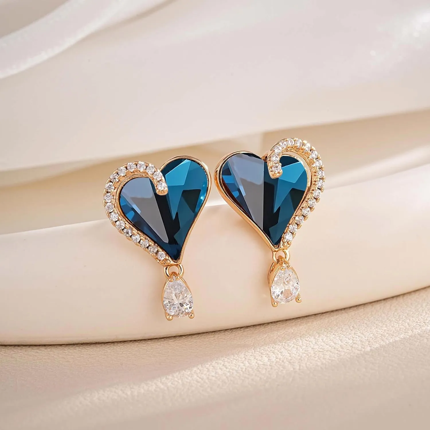 Austrian Crystal Heart Stud Earrings for Women Trendy Halo Drop Earrings 14K Gold Plated Hypoallergenic Jewelry