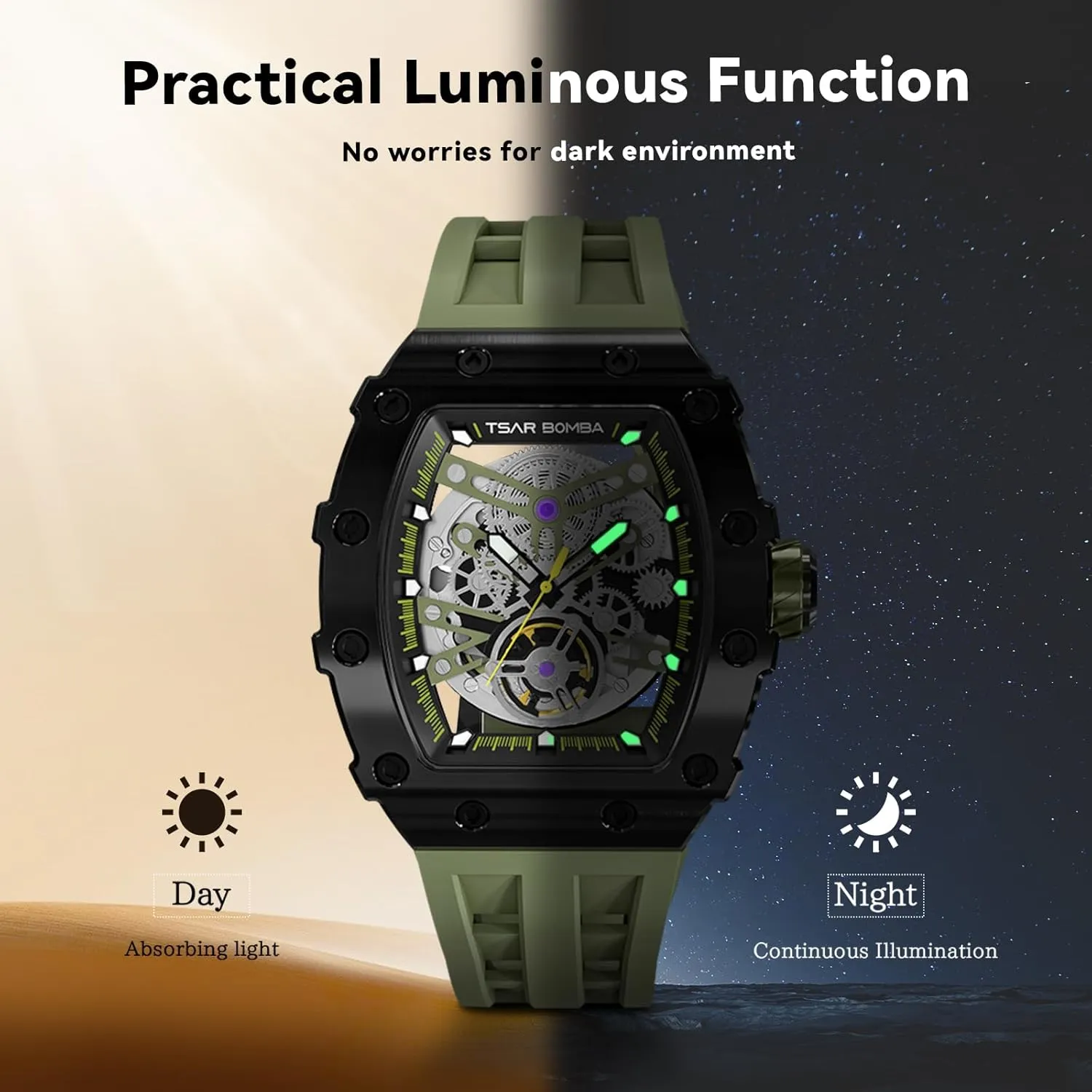 Automatic Mens Watch Mechanical Movement Original Design 50M Waterproof for Square Stainless Steel Wrist Watch and Silicone Strap Unique Fashion Gift for Men