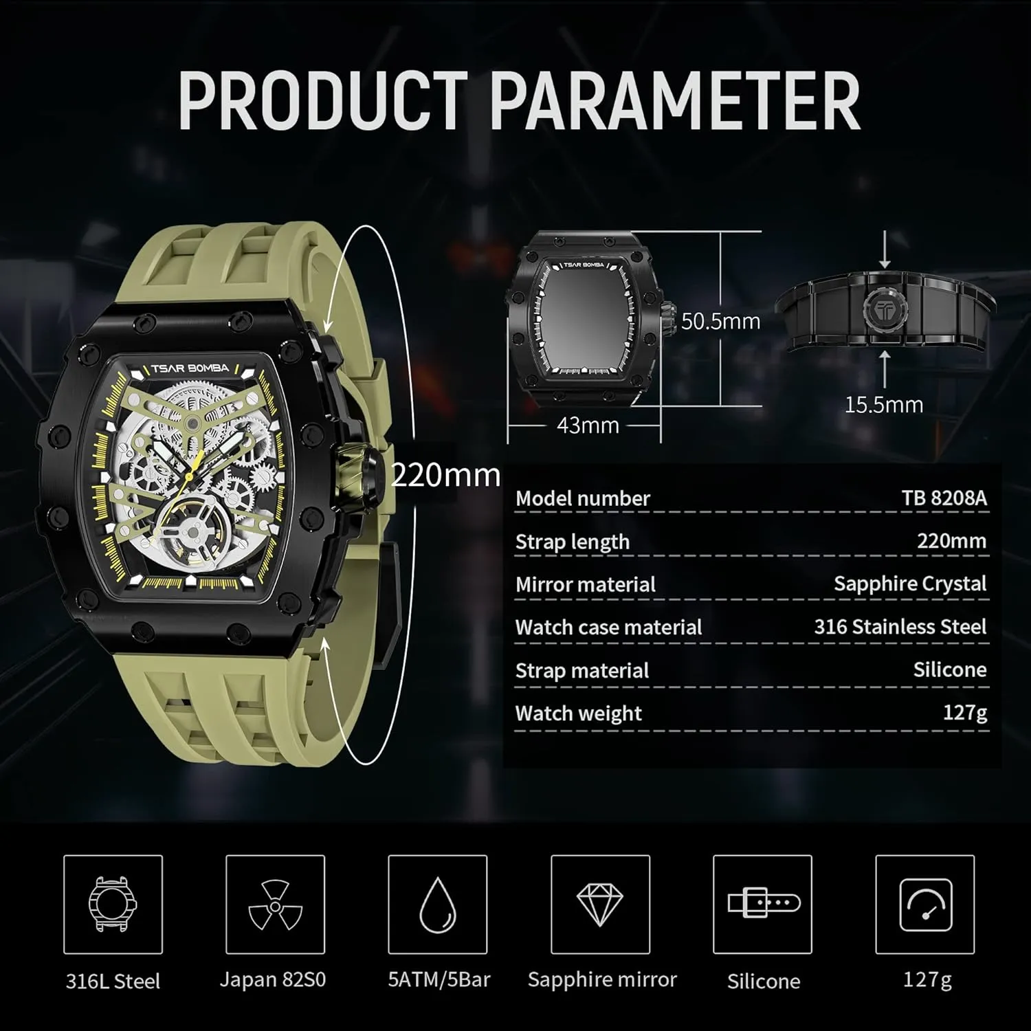 Automatic Mens Watch Mechanical Movement Original Design 50M Waterproof for Square Stainless Steel Wrist Watch and Silicone Strap Unique Fashion Gift for Men