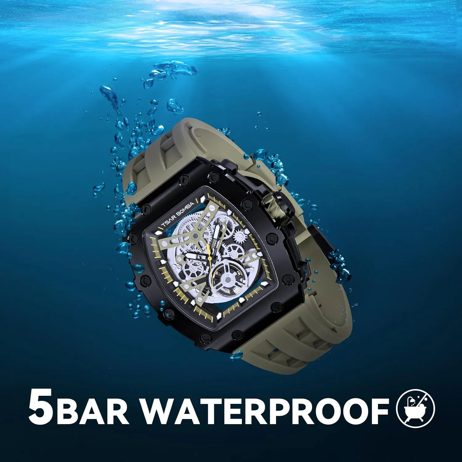 Automatic Mens Watch Mechanical Movement Original Design 50M Waterproof for Square Stainless Steel Wrist Watch and Silicone Strap Unique Fashion Gift for Men