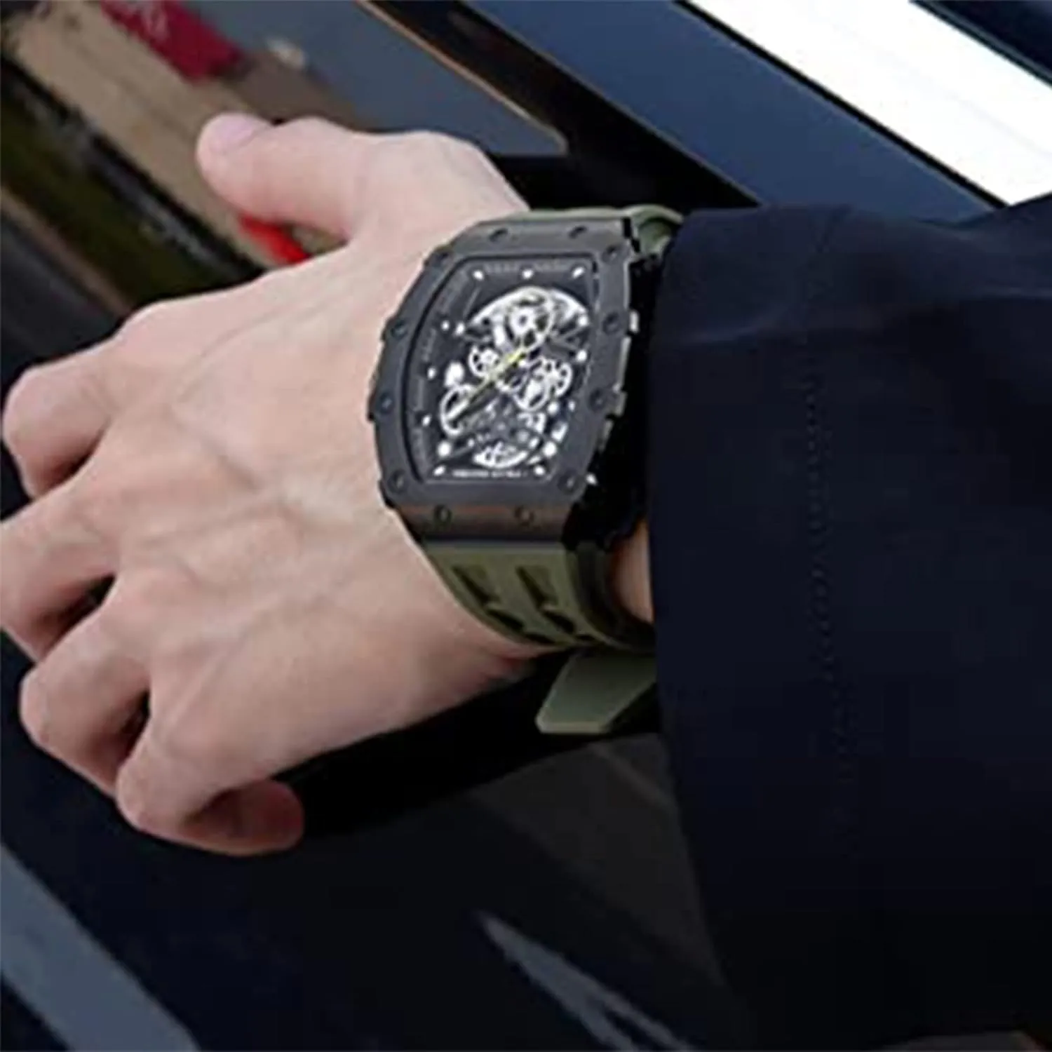 Automatic Mens Watch Mechanical Movement Original Design 50M Waterproof for Square Stainless Steel Wrist Watch and Silicone Strap Unique Fashion Gift for Men