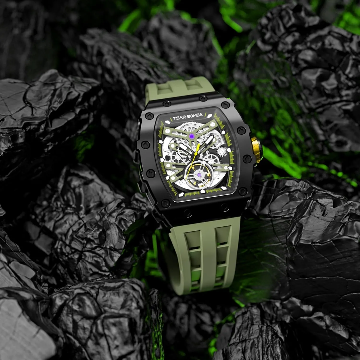 Automatic Mens Watch Mechanical Movement Original Design 50M Waterproof for Square Stainless Steel Wrist Watch and Silicone Strap Unique Fashion Gift for Men