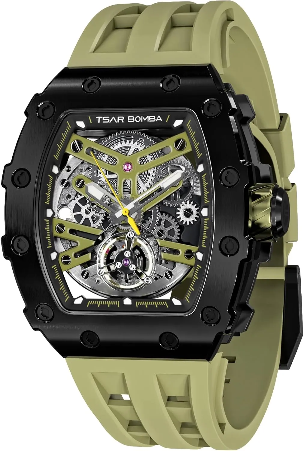 Automatic Mens Watch Mechanical Movement Original Design 50M Waterproof for Square Stainless Steel Wrist Watch and Silicone Strap Unique Fashion Gift for Men