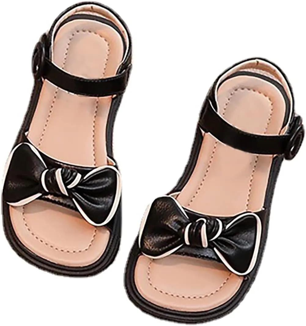 Baby Toddler Infant Sandals Square Open Toe Bow School Dress Shoes Adjustable Strap Slip On Flat Sandal (Black, 2.5 Big Kids)
