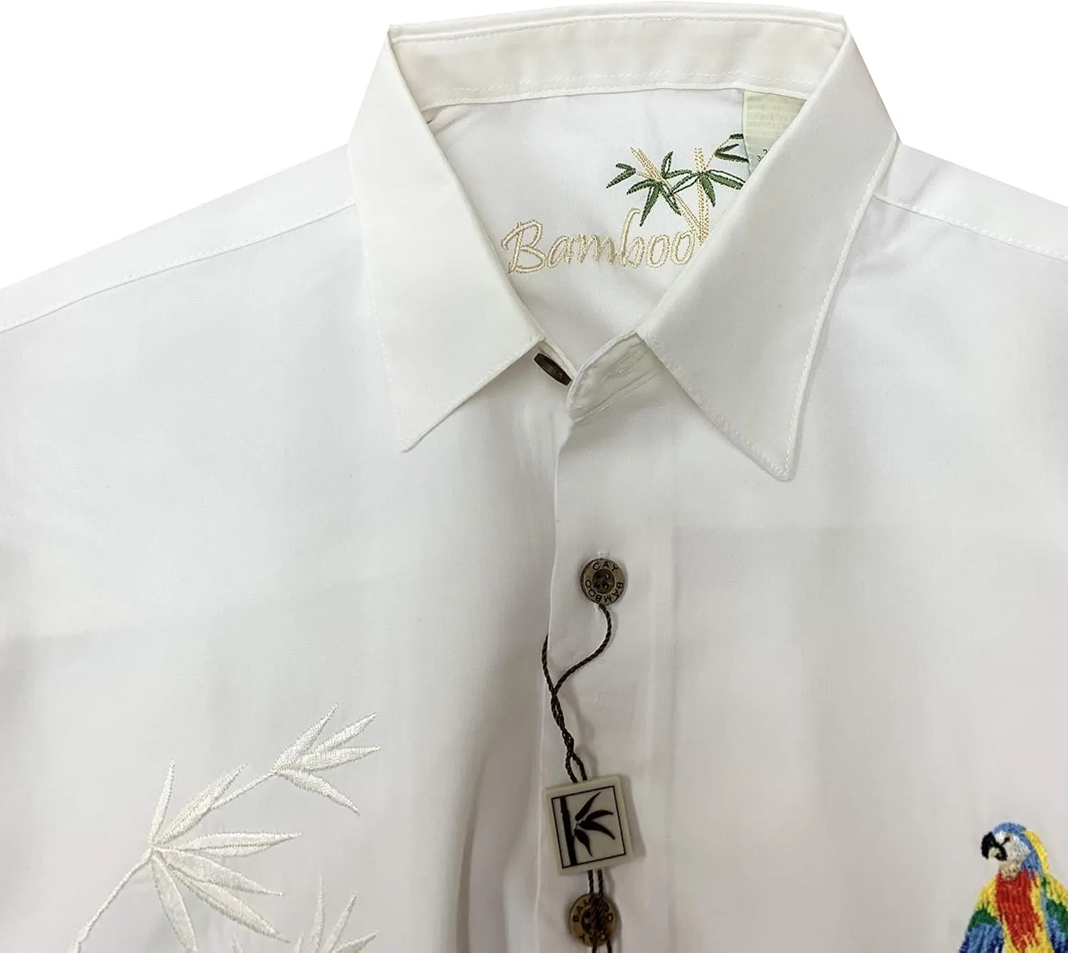Bamboo Cay Embroidered Mens Short Sleeve Flying Parrots Tropical Hawaiian Button Down Shirt
