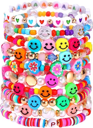 Beaded Bracelet Set Stack Colorful Happy Face Charm Pearl Heishi Beaded Stretchy Bracelet Summer Beach Bracelet Jewelry