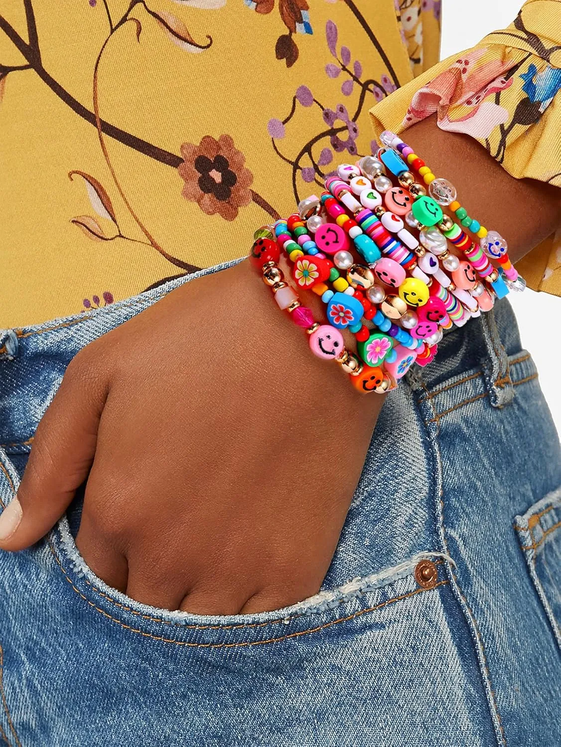 Beaded Bracelet Set Stack Colorful Happy Face Charm Pearl Heishi Beaded Stretchy Bracelet Summer Beach Bracelet Jewelry