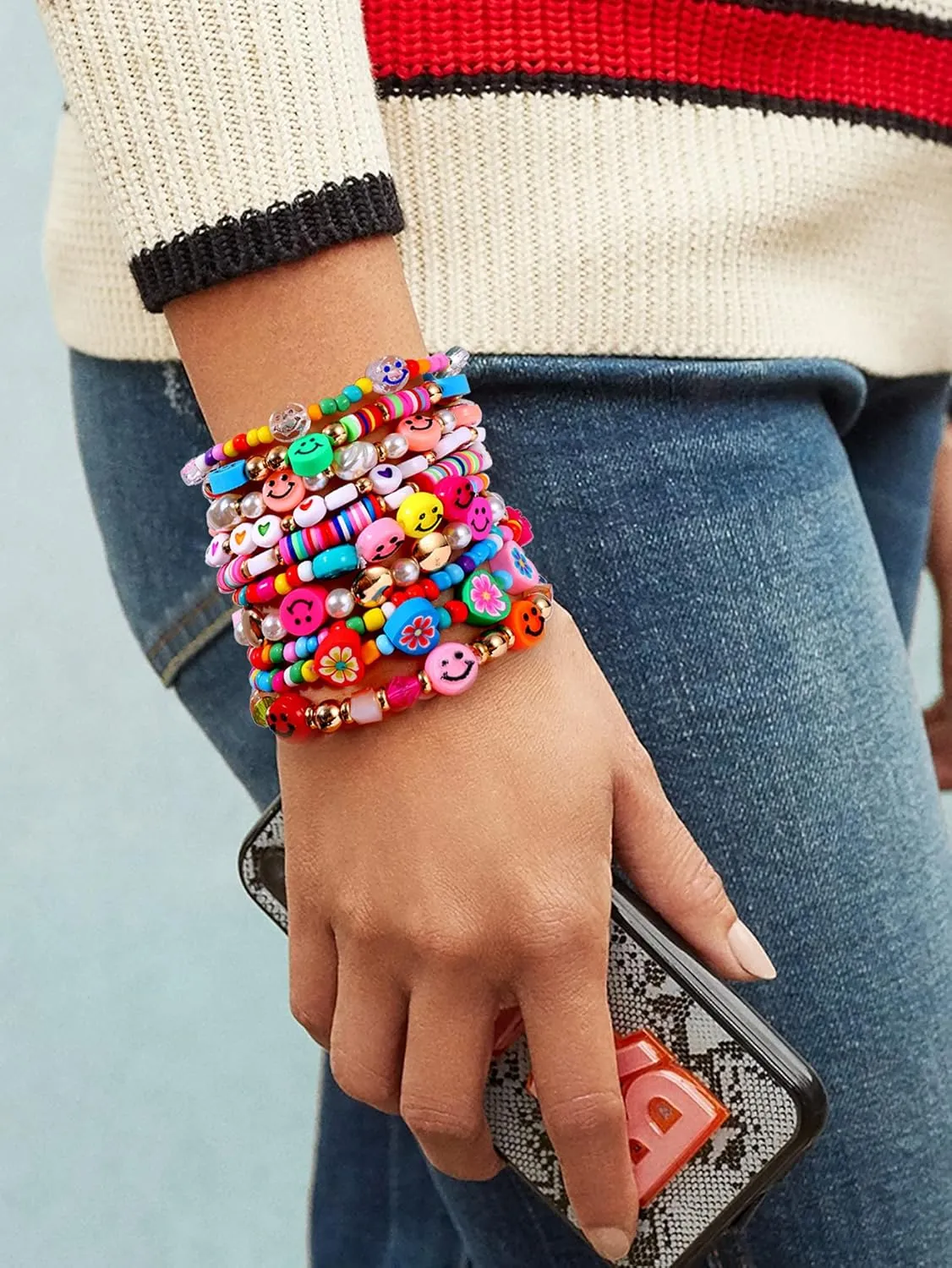 Beaded Bracelet Set Stack Colorful Happy Face Charm Pearl Heishi Beaded Stretchy Bracelet Summer Beach Bracelet Jewelry