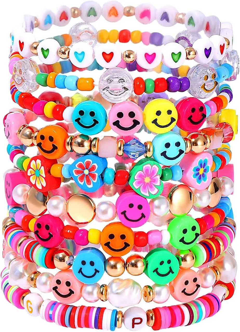 Beaded Bracelet Set Stack Colorful Happy Face Charm Pearl Heishi Beaded Stretchy Bracelet Summer Beach Bracelet Jewelry