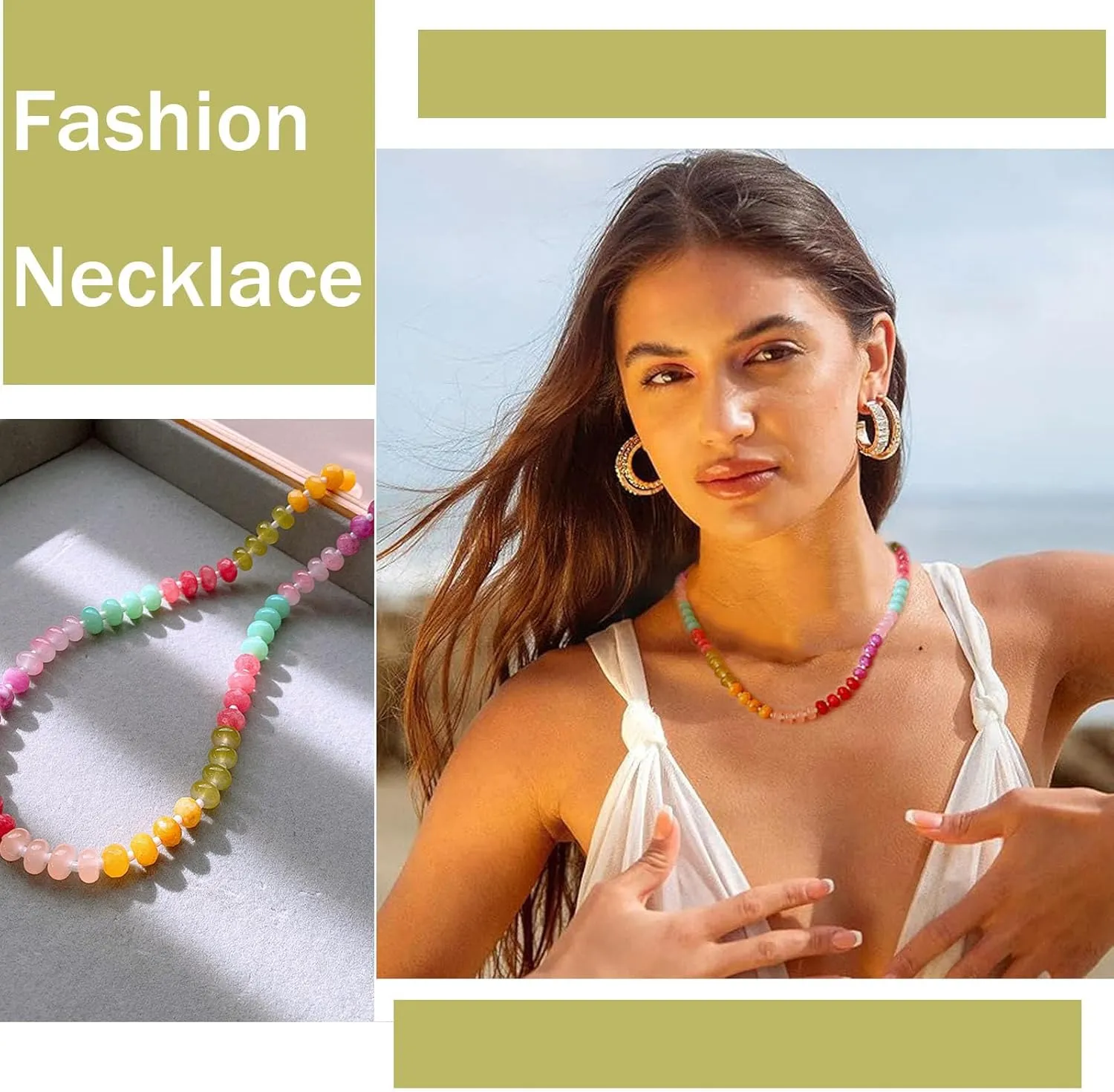 Beaded Gemstone Necklace for Women, Colorful Boho Bead Choker Necklace Natural Stone Necklaces Surfer Beach Handmade Jewelry