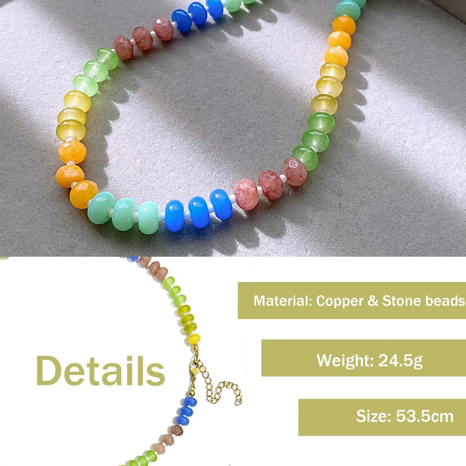 Beaded Gemstone Necklace for Women, Colorful Boho Bead Choker Necklace Natural Stone Necklaces Surfer Beach Handmade Jewelry