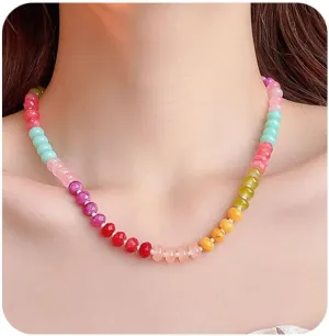 Beaded Gemstone Necklace for Women, Colorful Boho Bead Choker Necklace Natural Stone Necklaces Surfer Beach Handmade Jewelry