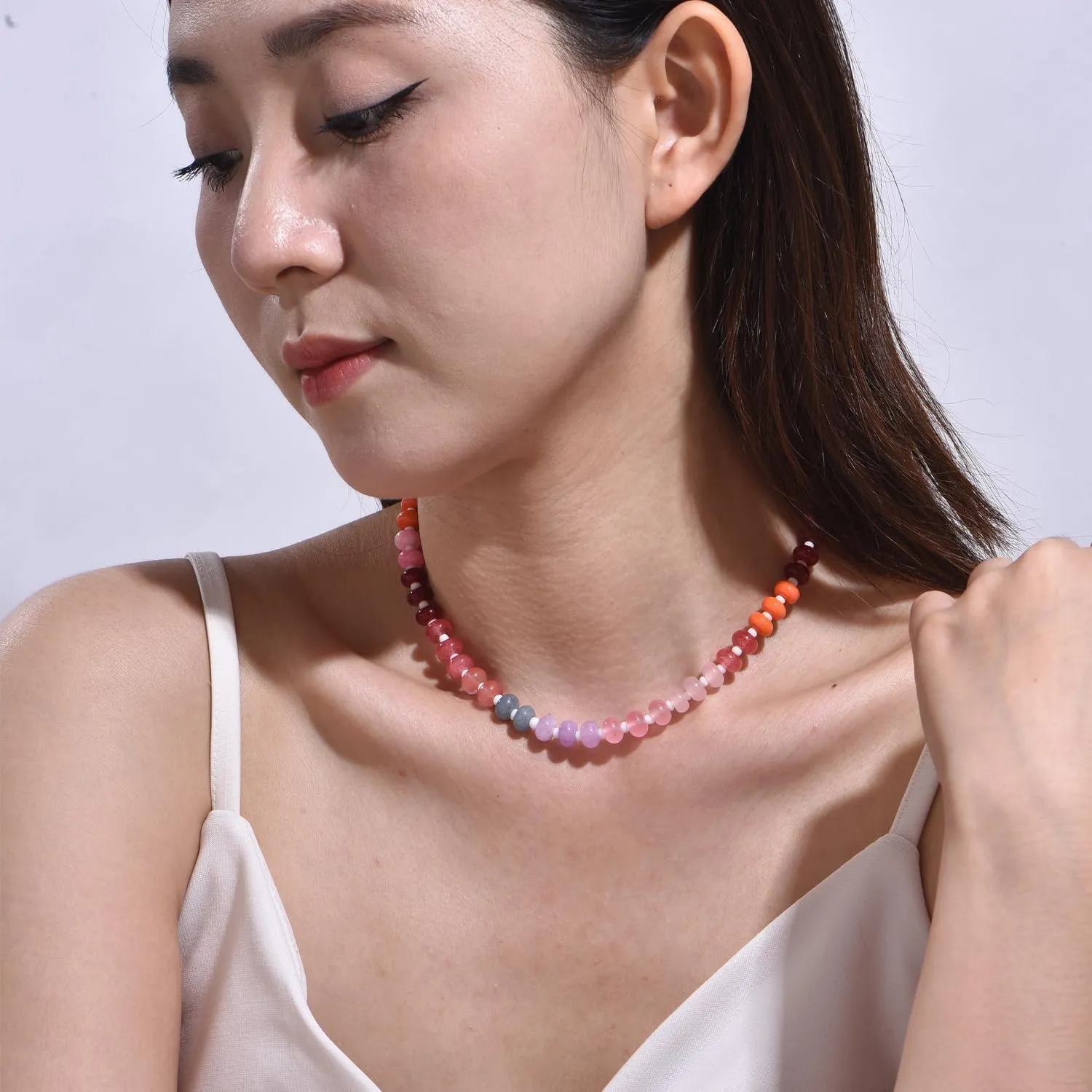 Beaded Gemstone Necklace for Women, Colorful Rainbow Choker, Boho Natural Stone Summer Beach Handmade Jewelry