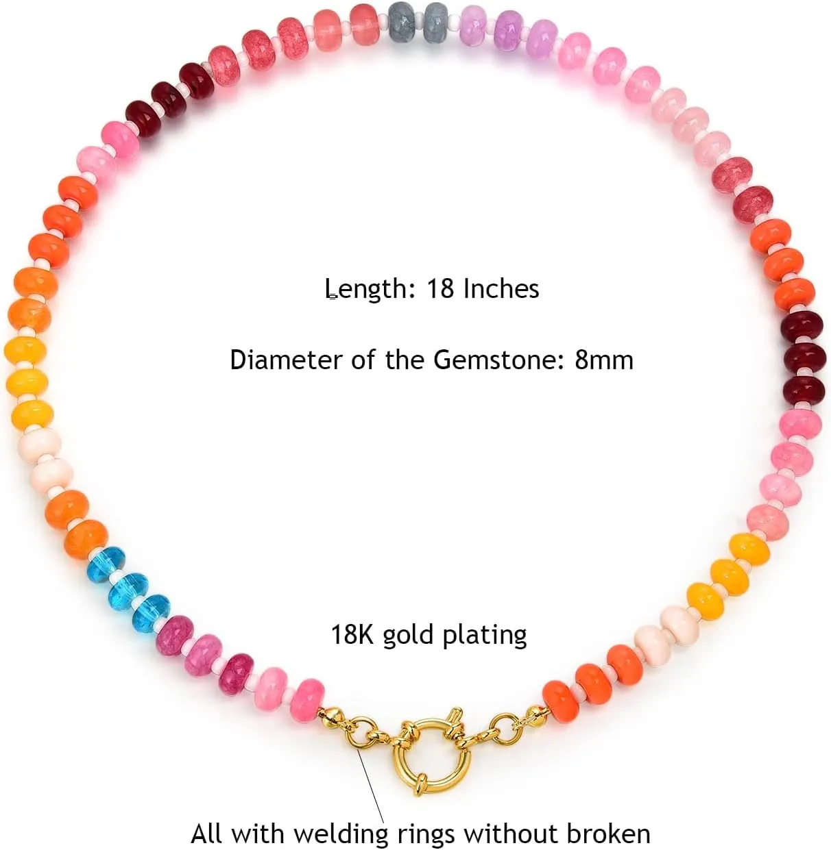 Beaded Gemstone Necklace for Women, Colorful Rainbow Choker, Boho Natural Stone Summer Beach Handmade Jewelry