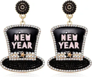 Beaded Happy New Year Earrings Beaded New Year Hat Drop Earrings for Women Girls Enamel New Year's Eve Christmas Festive Party Jewelry