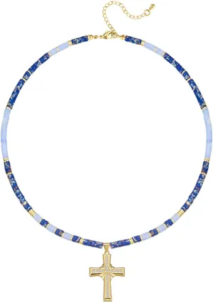 Beaded Necklaces for Women Gold Cross Necklace Natural Stone Dainty Faith Cross Pendant Charm Necklace Gifts