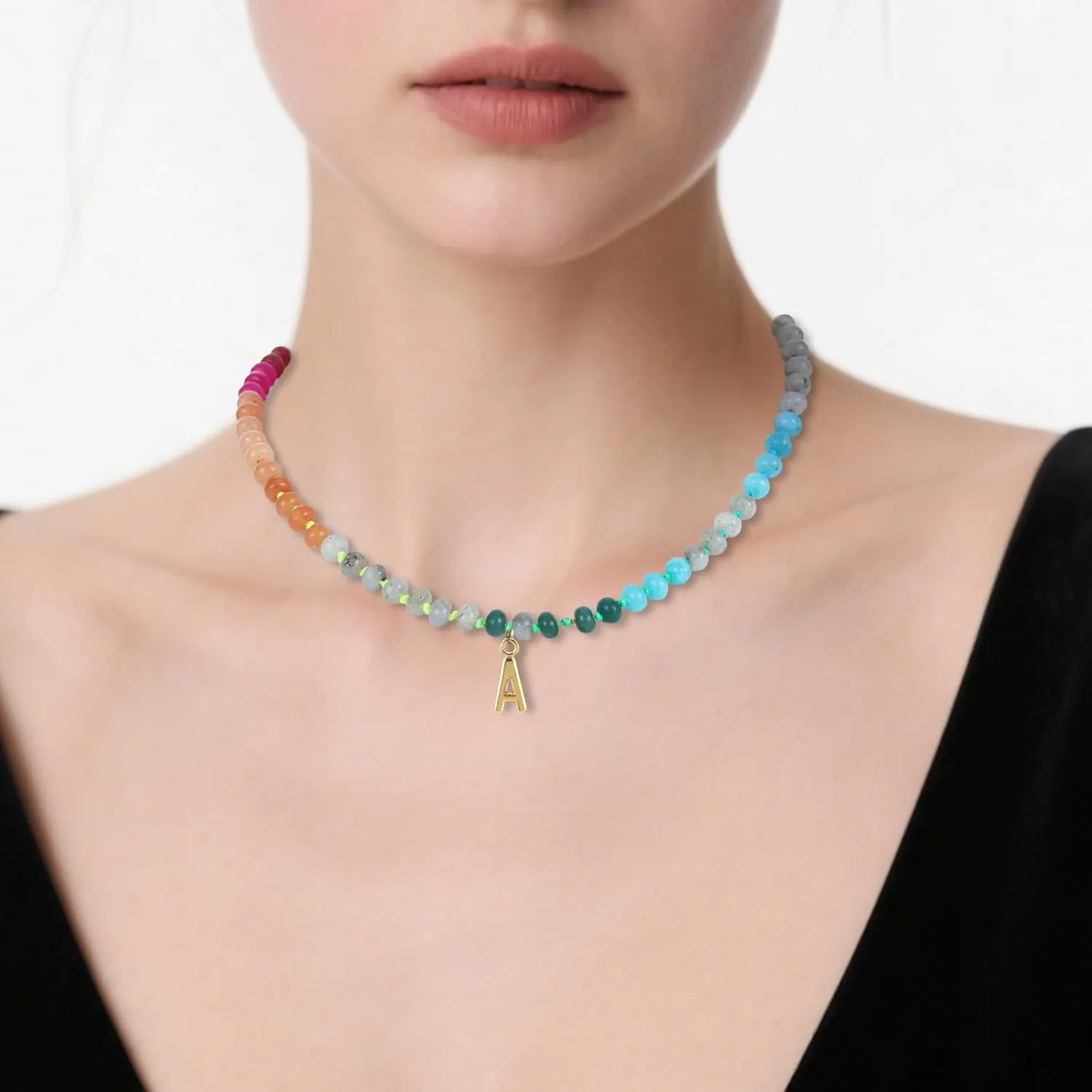 Beaded Necklaces for Women with Bubble Necklace Letter Stocking Stuffers for Teens Trendy Stuff Colorful Gemstone Choker 14k Gold Letter A-Z Pendant Summer Beach Christmas Birthday Jewelry