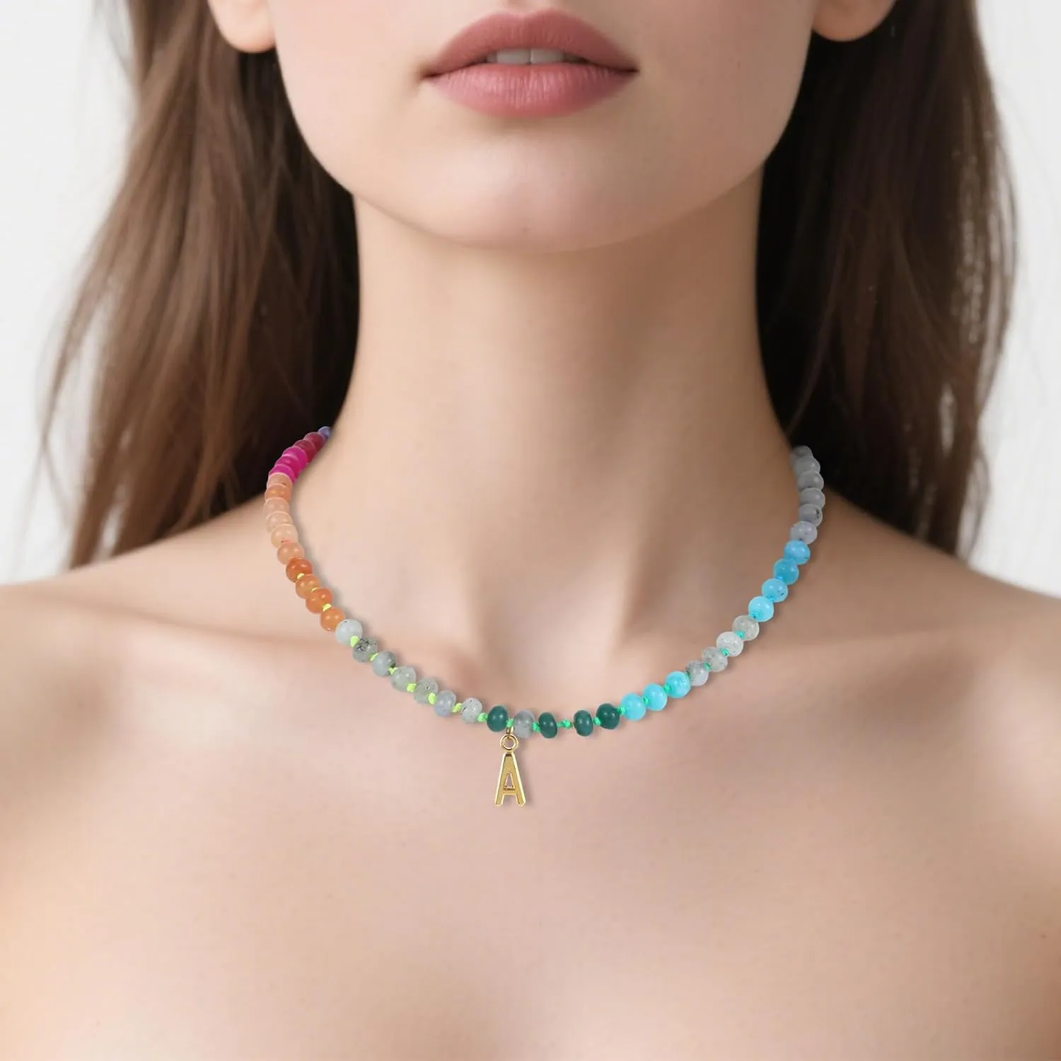 Beaded Necklaces for Women with Bubble Necklace Letter Stocking Stuffers for Teens Trendy Stuff Colorful Gemstone Choker 14k Gold Letter A-Z Pendant Summer Beach Christmas Birthday Jewelry