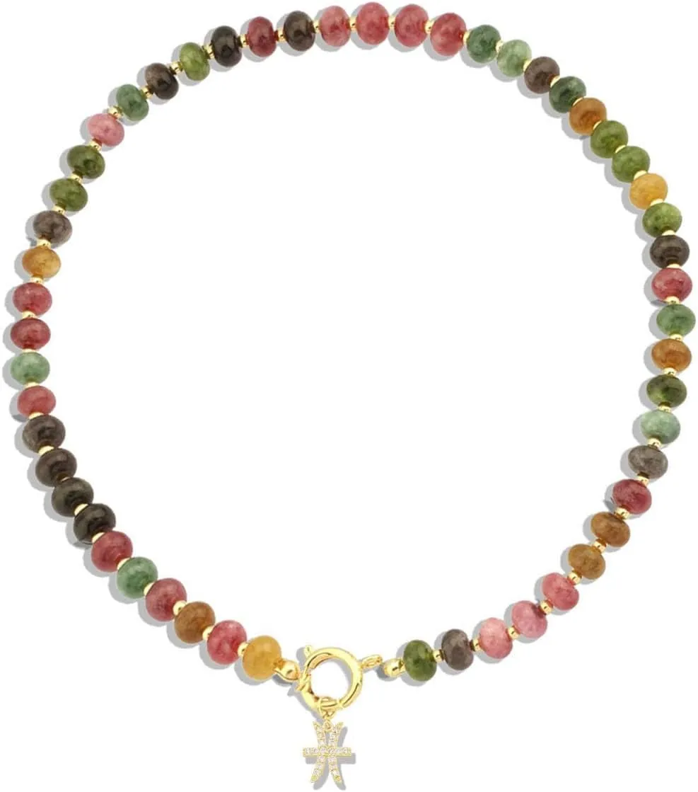 Beaded Necklaces for Women,Colorful Beaded Gemstone Choker 18K Gold Zodiac Pendant Necklace Natural Stone Surfer Beach Handmade Jewelry Present