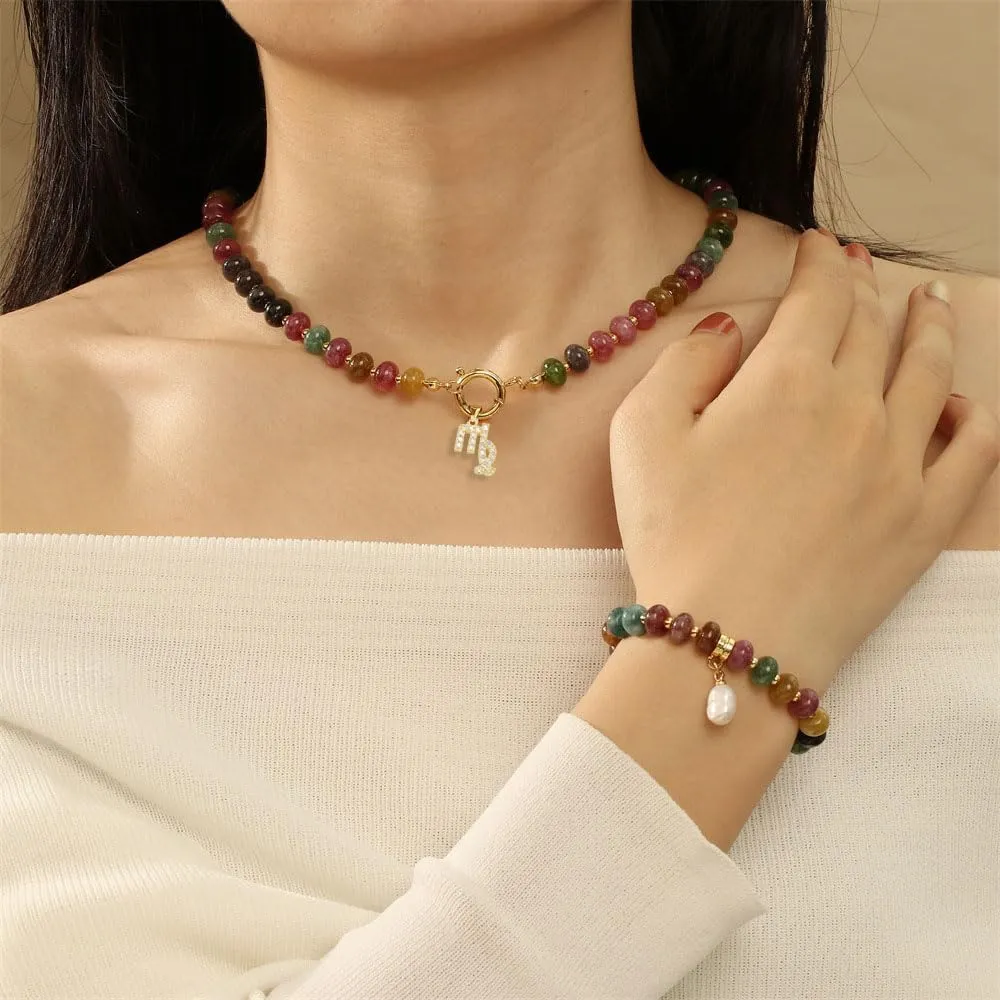 Beaded Necklaces for Women,Colorful Beaded Gemstone Choker 18K Gold Zodiac Pendant Necklace Natural Stone Surfer Beach Handmade Jewelry Present