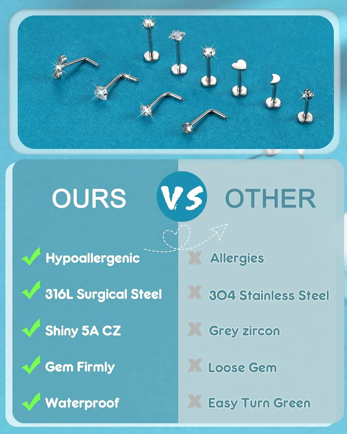 BESTEEL 14K Gold Filled Nose Rings Studs for Women Men - 316L Surgical Steel Threadless Push in Flat Back Earrings - Hypoallergenic Nose Rings Hoops Cartilage Helix Tragus Nostril Piercing Jewelry 18G 20G