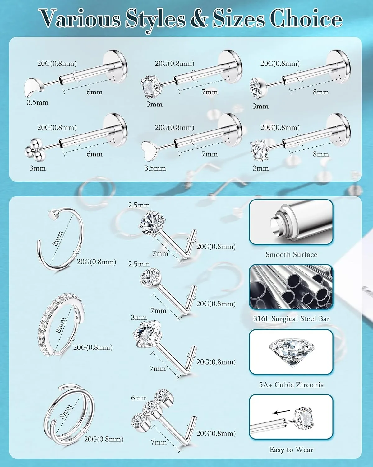 BESTEEL 14K Gold Filled Nose Rings Studs for Women Men - 316L Surgical Steel Threadless Push in Flat Back Earrings - Hypoallergenic Nose Rings Hoops Cartilage Helix Tragus Nostril Piercing Jewelry 18G 20G