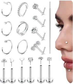 BESTEEL 14K Gold Filled Nose Rings Studs for Women Men - 316L Surgical Steel Threadless Push in Flat Back Earrings - Hypoallergenic Nose Rings Hoops Cartilage Helix Tragus Nostril Piercing Jewelry 18G 20G