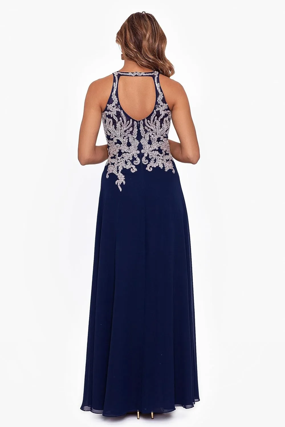 Betsy & Adam Women's Long Chiffon Beaded Halter Dress with Open Back