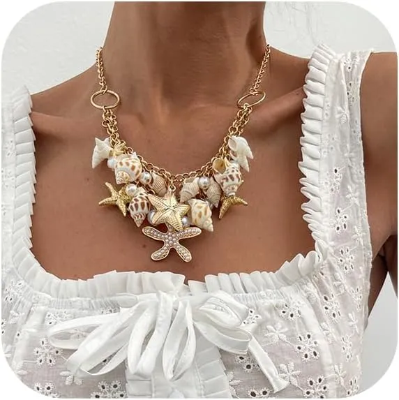 Bikini Gold Starfish Conch Tassel Necklace for Women,Gold Pearl Shell Collar Chain Necklace,Summer Beach Vintage Bead Clavicle Chain Necklace