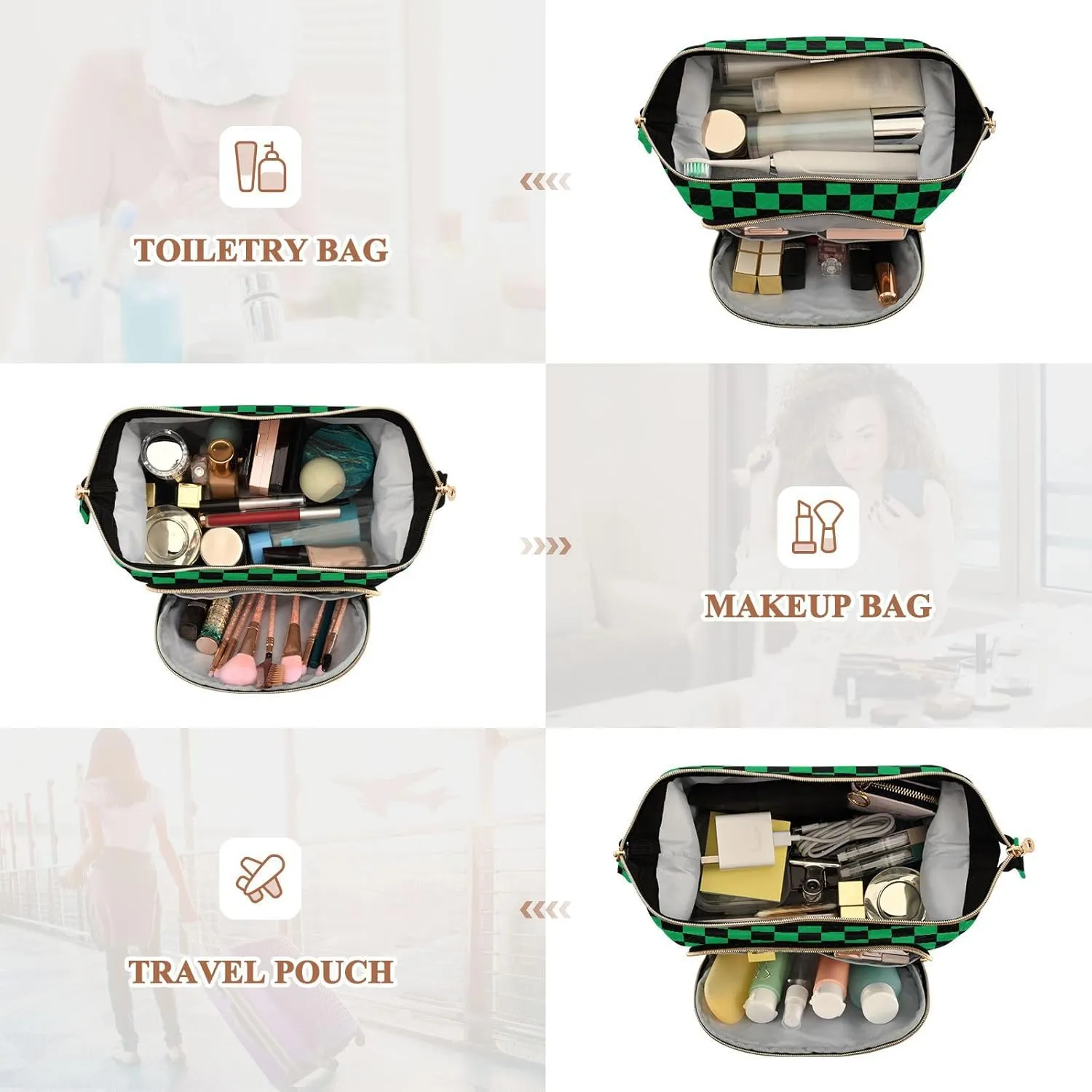Black Green Squares Makeup Bag Travel Toiletry Bag Make Up Bags Cosmetic Bag Pouch Large Makeup Case Box Bag Organizer Skincare Bag for Women Men Purse Adults Trip Sports Toiletries