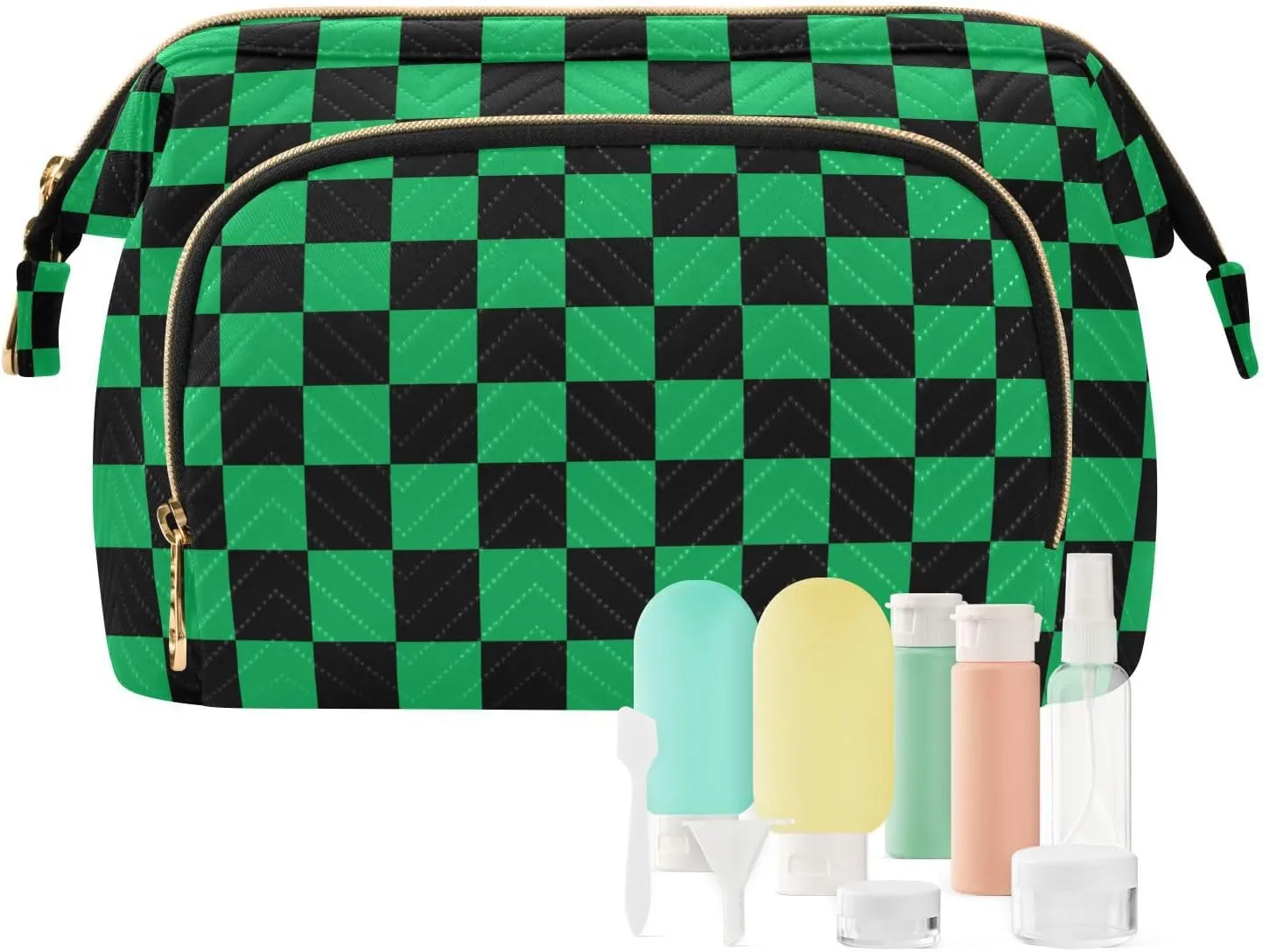 Black Green Squares Makeup Bag Travel Toiletry Bag Make Up Bags Cosmetic Bag Pouch Large Makeup Case Box Bag Organizer Skincare Bag for Women Men Purse Adults Trip Sports Toiletries