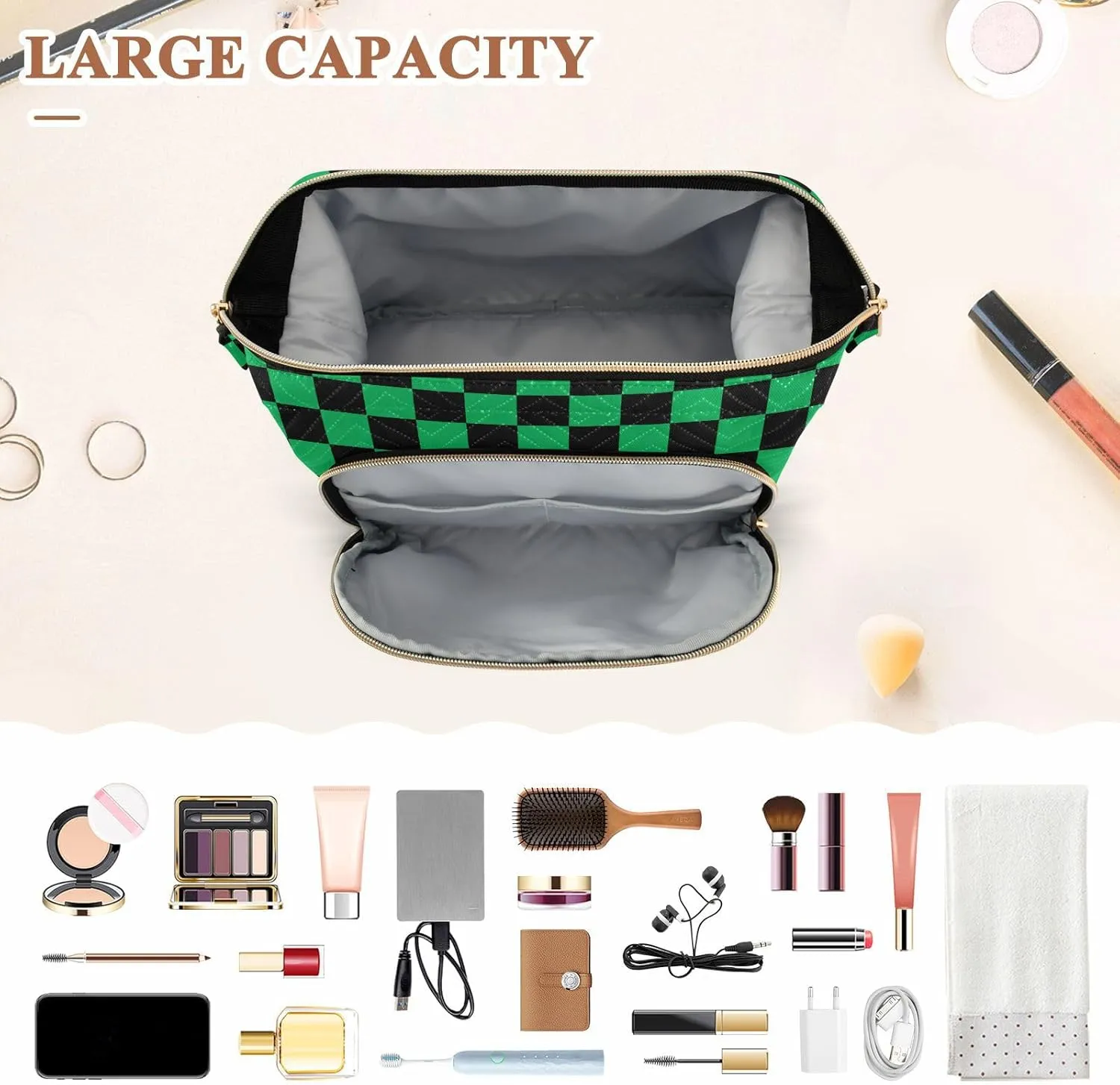 Black Green Squares Makeup Bag Travel Toiletry Bag Make Up Bags Cosmetic Bag Pouch Large Makeup Case Box Bag Organizer Skincare Bag for Women Men Purse Adults Trip Sports Toiletries