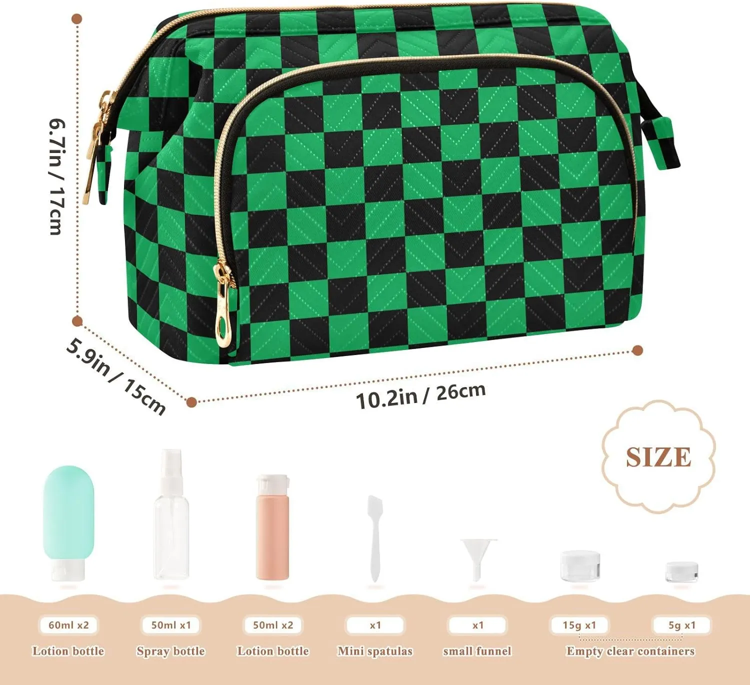 Black Green Squares Makeup Bag Travel Toiletry Bag Make Up Bags Cosmetic Bag Pouch Large Makeup Case Box Bag Organizer Skincare Bag for Women Men Purse Adults Trip Sports Toiletries