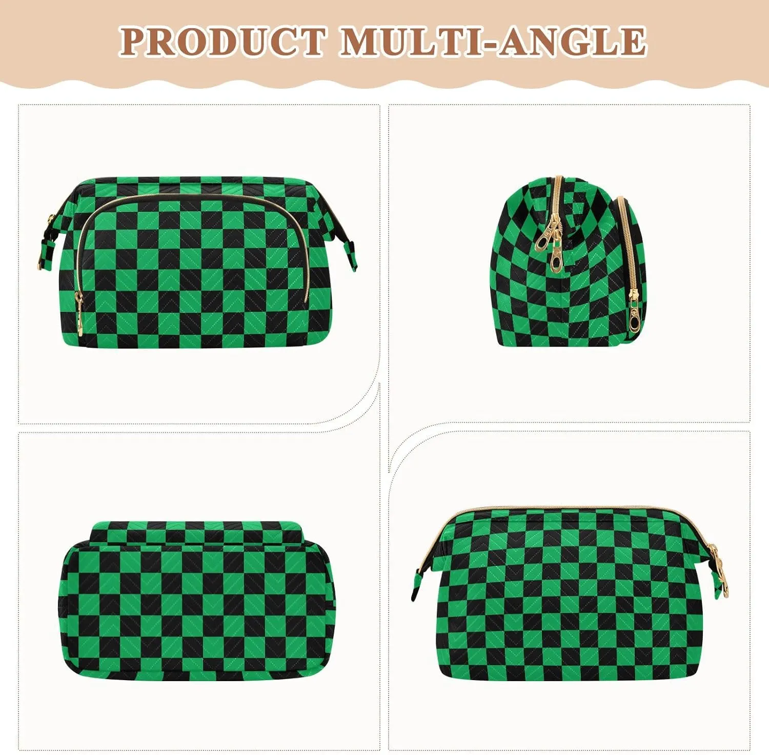 Black Green Squares Makeup Bag Travel Toiletry Bag Make Up Bags Cosmetic Bag Pouch Large Makeup Case Box Bag Organizer Skincare Bag for Women Men Purse Adults Trip Sports Toiletries