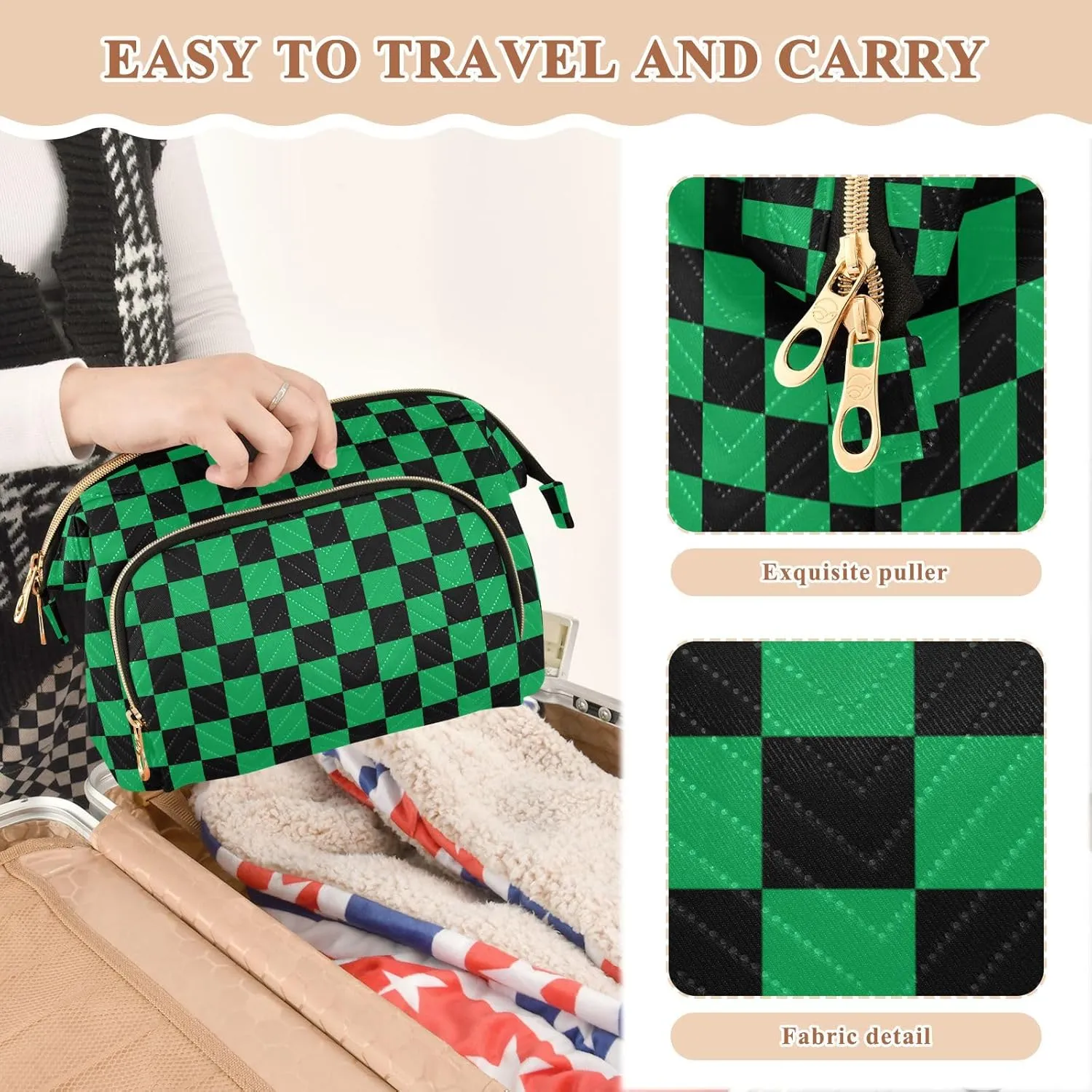Black Green Squares Makeup Bag Travel Toiletry Bag Make Up Bags Cosmetic Bag Pouch Large Makeup Case Box Bag Organizer Skincare Bag for Women Men Purse Adults Trip Sports Toiletries