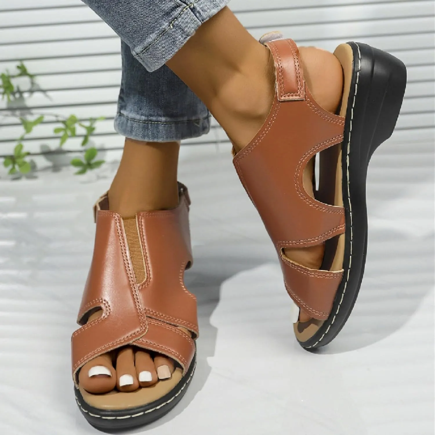 Black Sandals Women Orthopedic Arch Sandal Wedge Roman Sandals,Adjustable Ankle Strap Chunky Low Heel Casual Diabetic Walking Beach