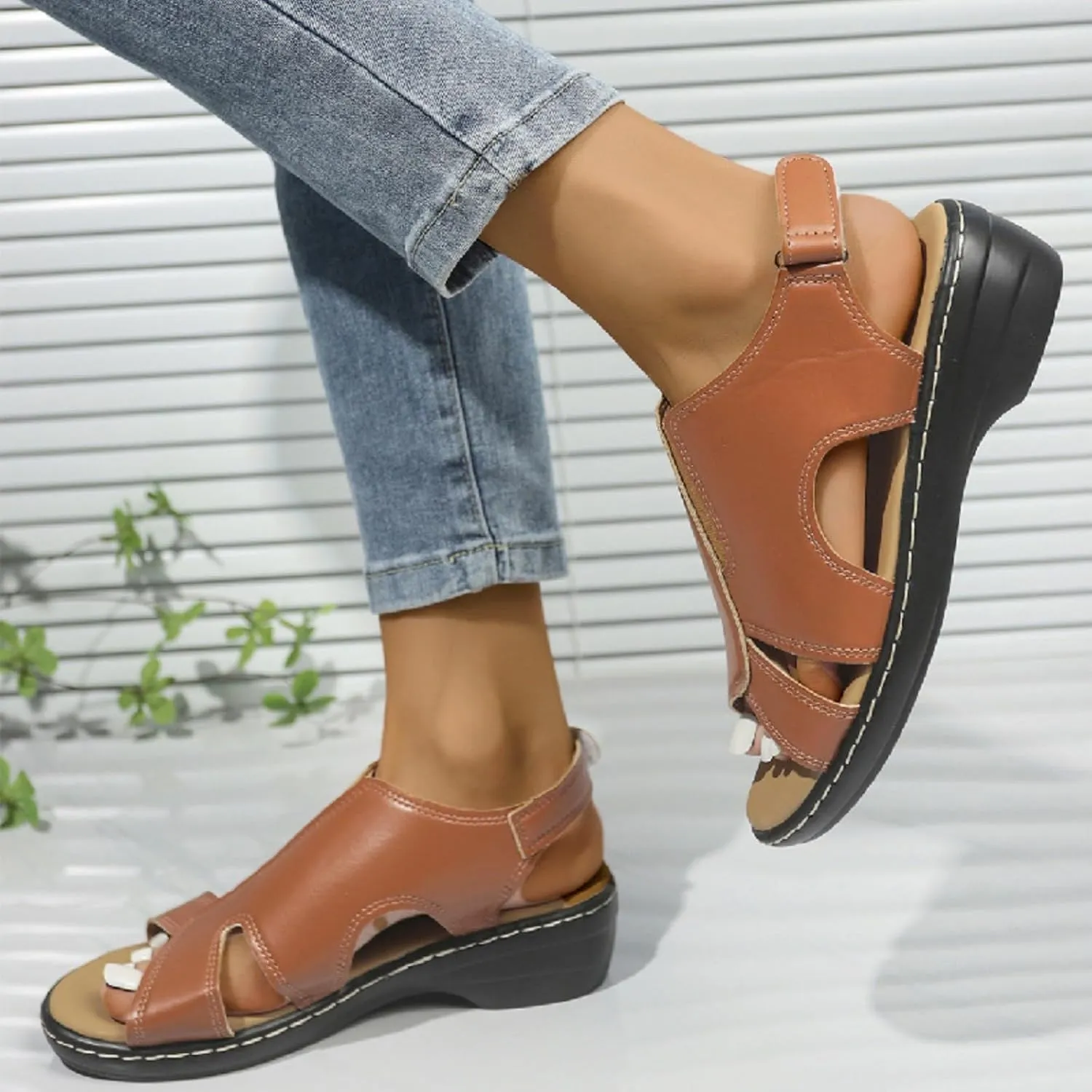 Black Sandals Women Orthopedic Arch Sandal Wedge Roman Sandals,Adjustable Ankle Strap Chunky Low Heel Casual Diabetic Walking Beach