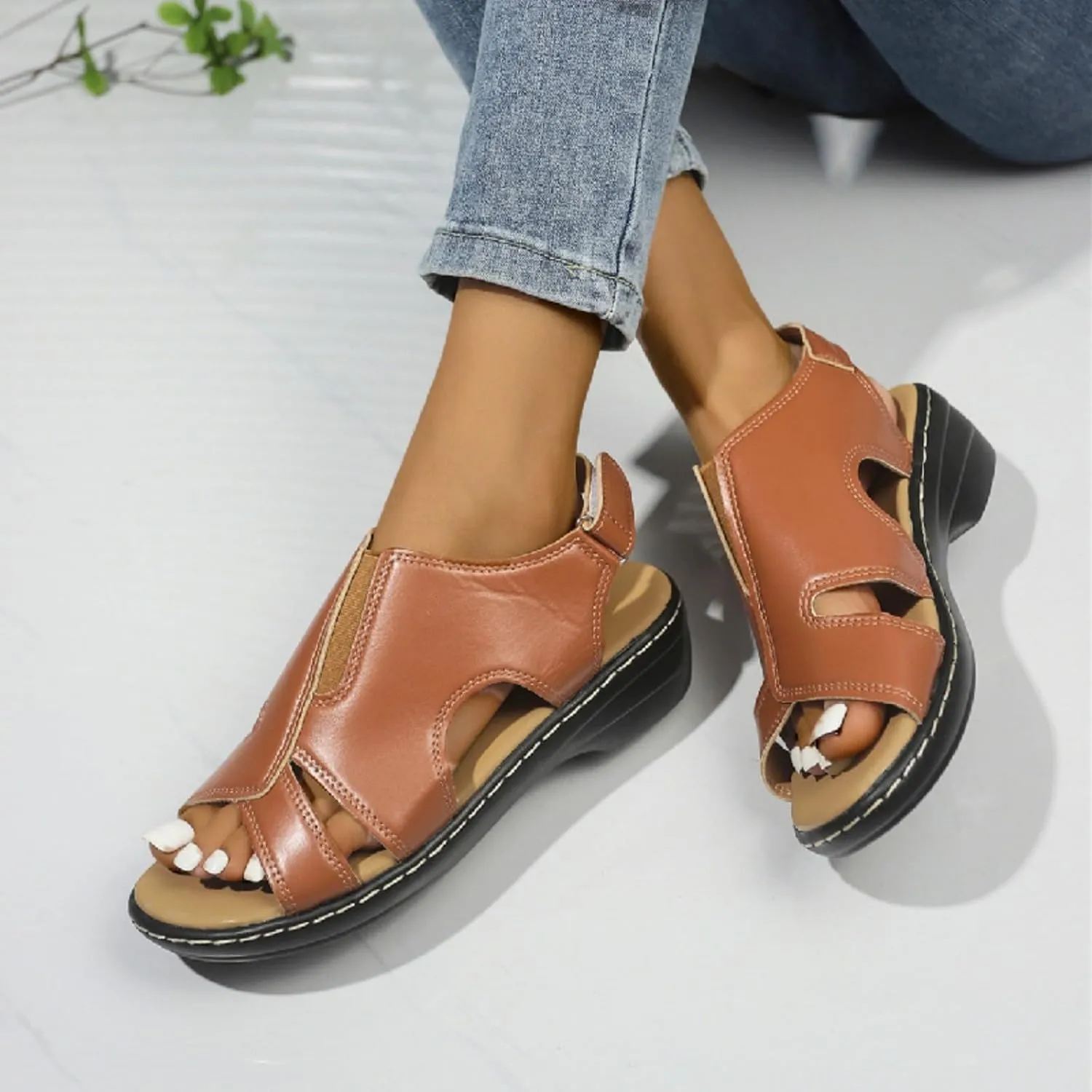 Black Sandals Women Orthopedic Arch Sandal Wedge Roman Sandals,Adjustable Ankle Strap Chunky Low Heel Casual Diabetic Walking Beach